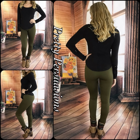 Olive Fleece Lined Soft Comfy Full Length Leggings - Picture 3 of 5