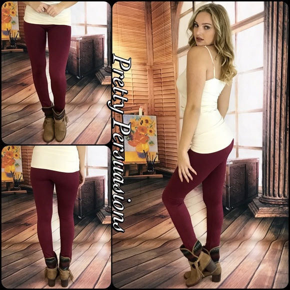 Burgundy Fleece Lined Soft Full Length Leggings - Picture 2 of 5