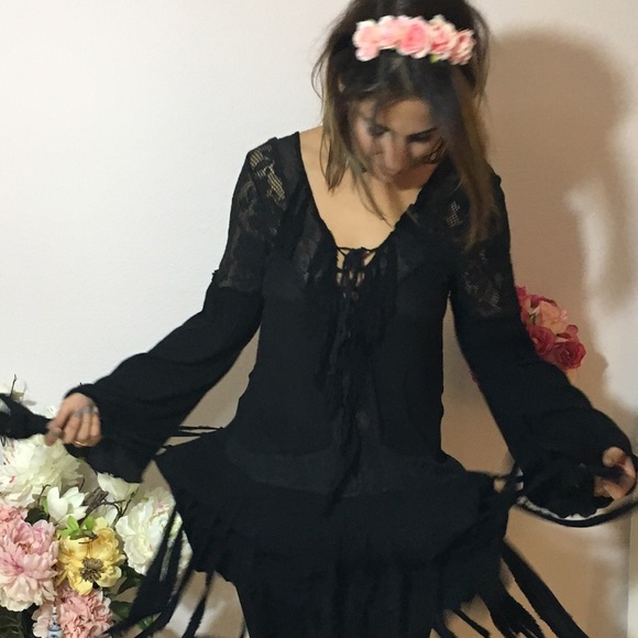 Free People lace and fringes Boho dress black NWOT - Picture 3 of 4