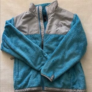 Blue north face zip up jacket, youth large