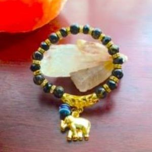 Gold Elephant Evil Eye Black Mala Bead Bracelet