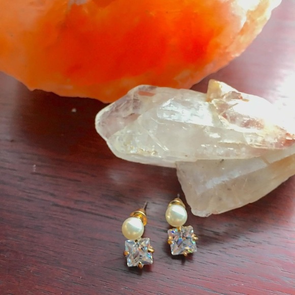 Pearl and Square Diamond Gold Earrings