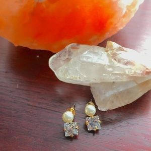 Pearl and Square Diamond Gold Earrings