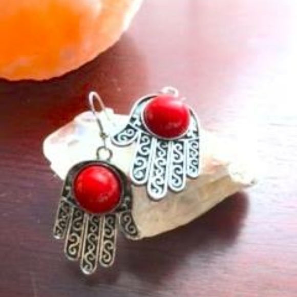 Silver Hamsa Hands with Red Bead