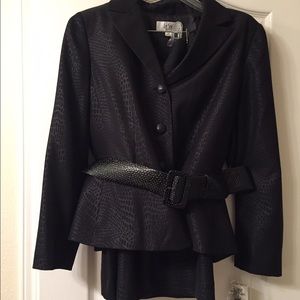 Black belted skirt suit