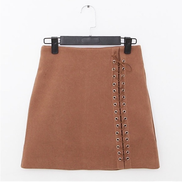 Lace Up Suede High Waisted Mini Skirt - Picture 3 of 4
