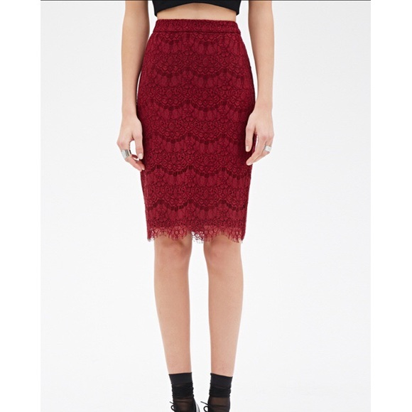 Wine Scallop Lace Forever 21 Pencil Skirt - Picture 1 of 4