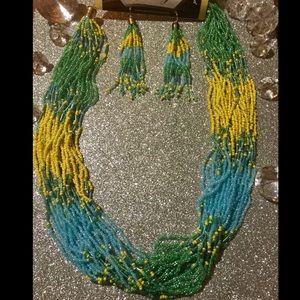 Necklace beaded yellow blue & green