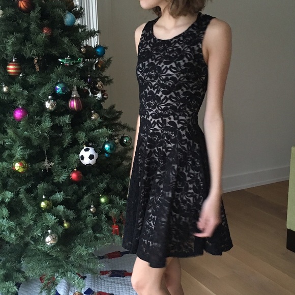 beige and black lace dress