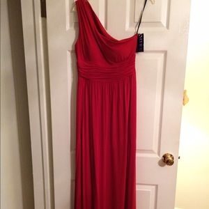 One shouldered red floor length gown