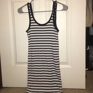 Navy blue and white striped summer dress.