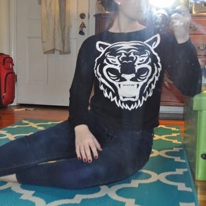 Black Crew Neck with White Tiger Face