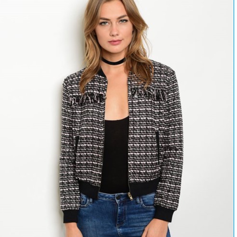 Black and Pink Tweed Bomber Jacket
