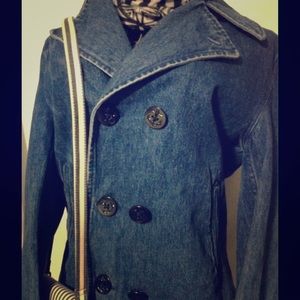 Women's Double Breasted Denim Pea Coat Jean Jacket