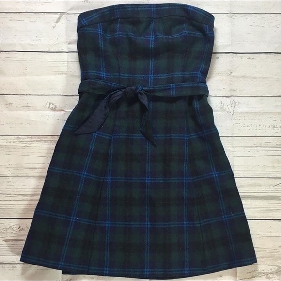 American Eagle Tartan Blue Green Strapless Dress