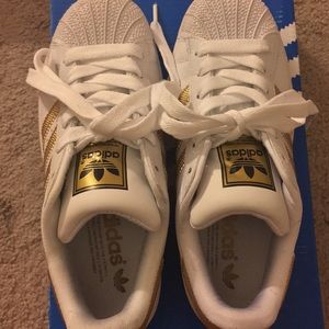 Adidas Superstar White and Gold, Gold Stripes