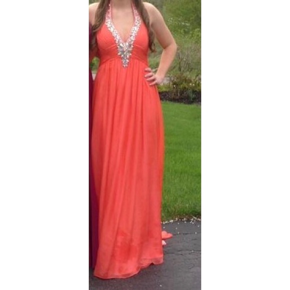 Tony Bowls Coral Prom Dress with GemStone Neckline