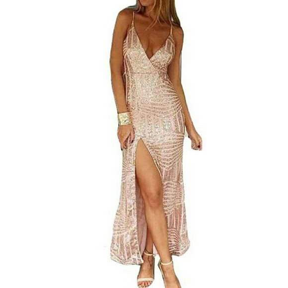 Gold Sleeveless v neck sequined maxi prom dress