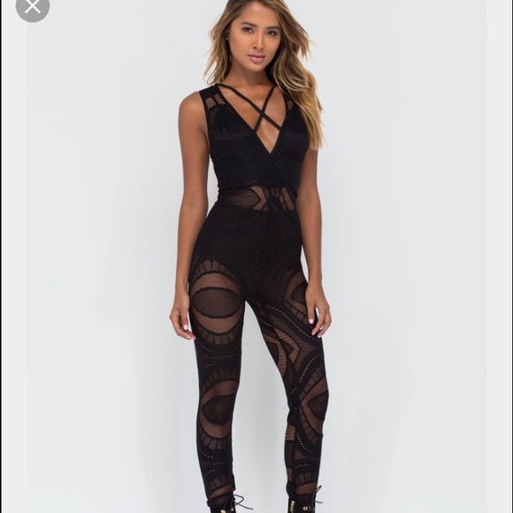 Black Mesh Patterned Jumpsuit - Picture 1 of 4