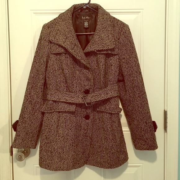 Herringbone black and white belted pea coat