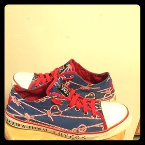 Blue, white and red L.A.M.B converse harajuku love