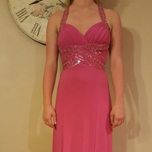 Pink open back prom dress