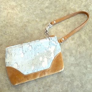 Silver Tan Leather Wristlet