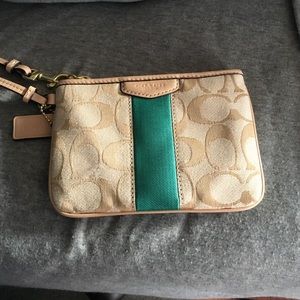 Small Authentic Coach tan & green wristlet
