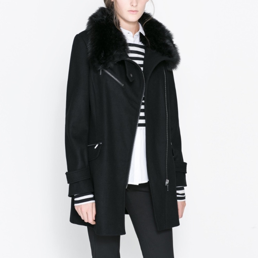 Zara Wool Coat with Faux Fur Collar