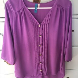 Lavender blouse, mid-length sleeve, white buttons