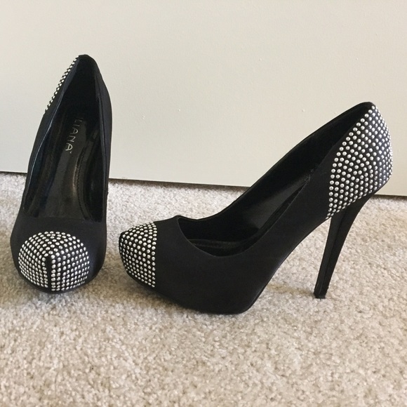 Liliana Shoes - Studded Black Satin Pumps