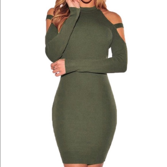 Armygreen cold shoulder round neck bodycon dress