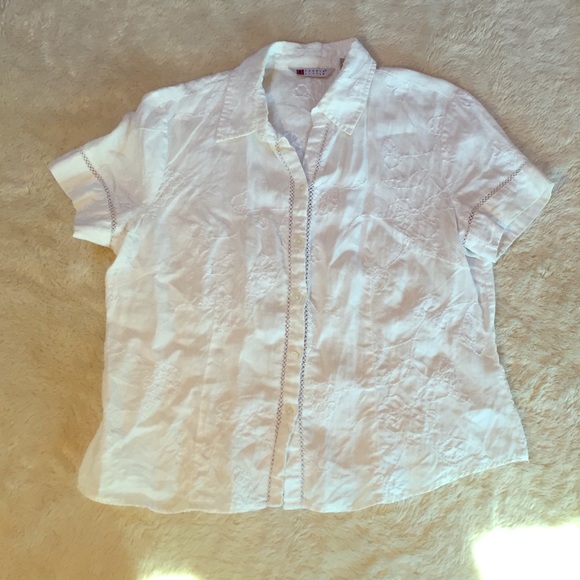Short sleeve white embroidered button down.