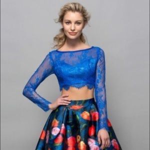Long Sleeves Lace Print Two-Piece Cocktail Dress