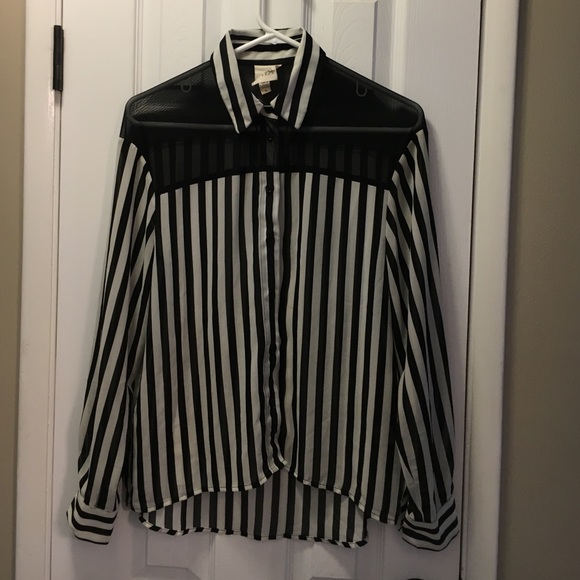 Black & white striped polyester, button-up blouse. - Picture 1 of 3