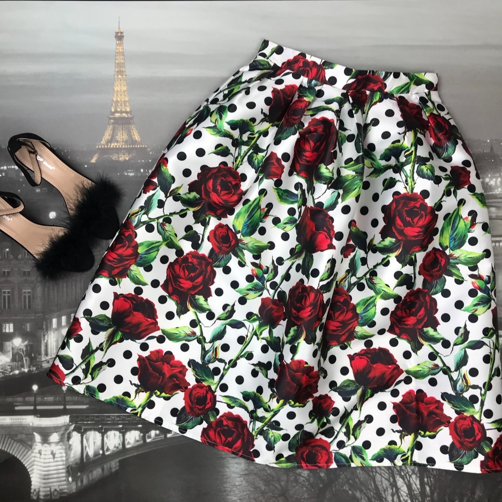 Holiday Rose Polka Dot  A-Line Poofy Skirt