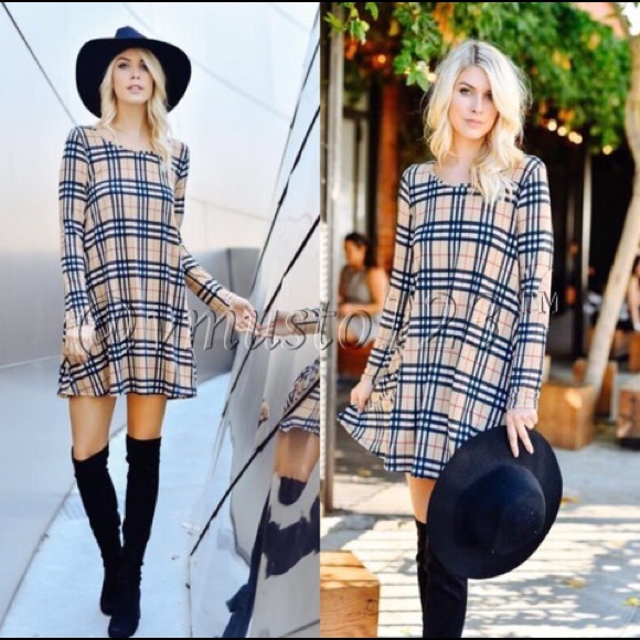 📍LAST 1 SZ L- TAUPE PLAID DRESS - Picture 3 of 5