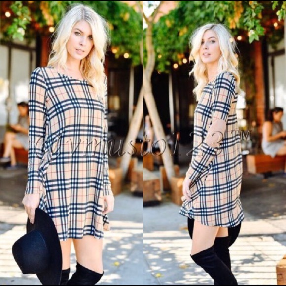 📍LAST 1 SZ L- TAUPE PLAID DRESS - Picture 2 of 5