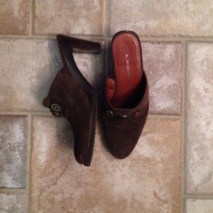 Brown suede slip on heels