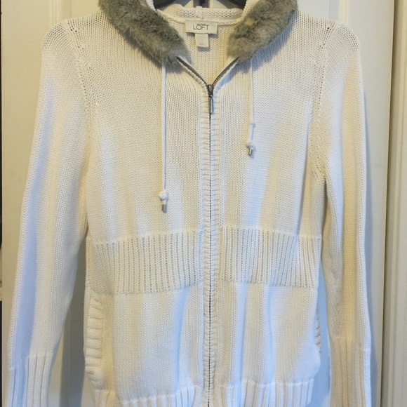 White sweater fake fur hoody  trim brand loft