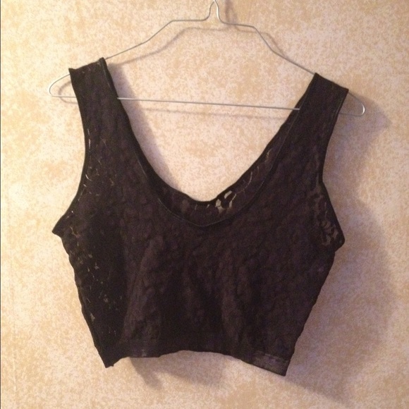 Tops - Black Lace crop top with satin trim.  XL.