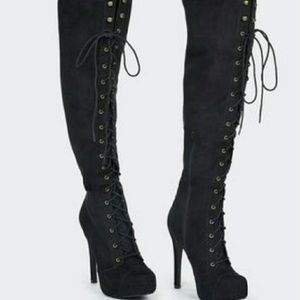Black faux knee high suede boots