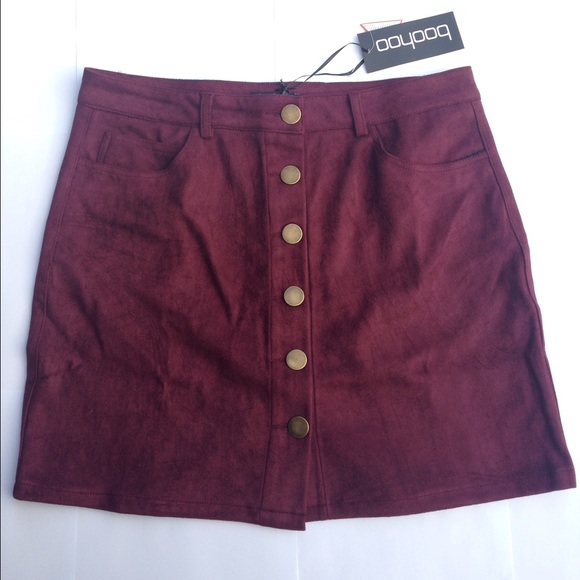 Suede A-line Button Front Mini Skirt Burgundy NWT