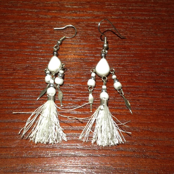 White Tassel Earring With Bead Drop