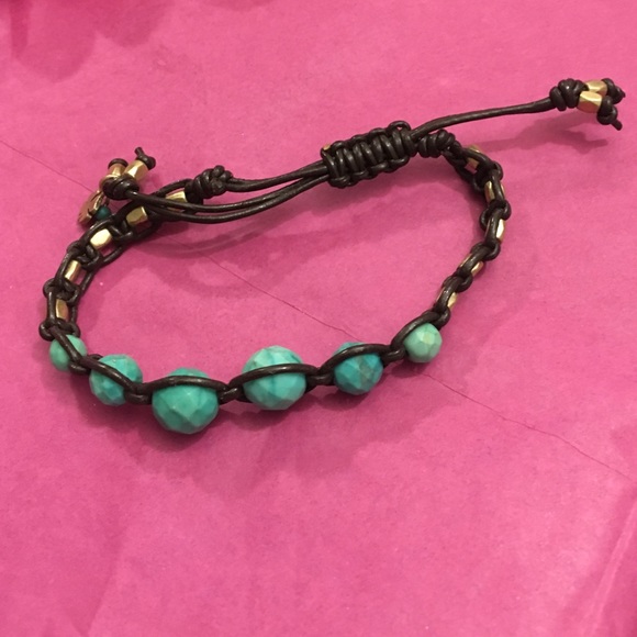 Leather, teal and gold bead bracelet