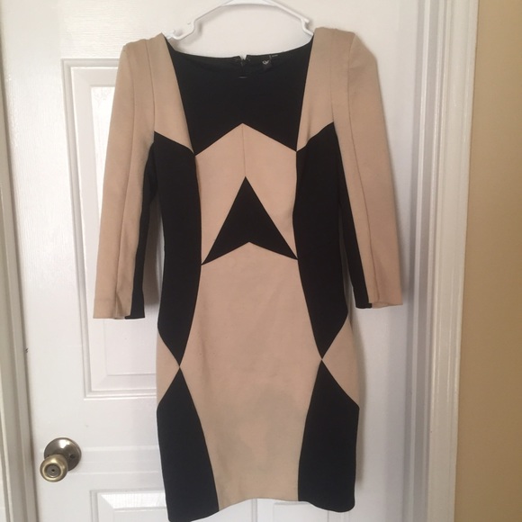 beige and black long sleeve middy dress
