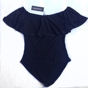 Black Off the Shoulder Flounce Bodysuit NWT
