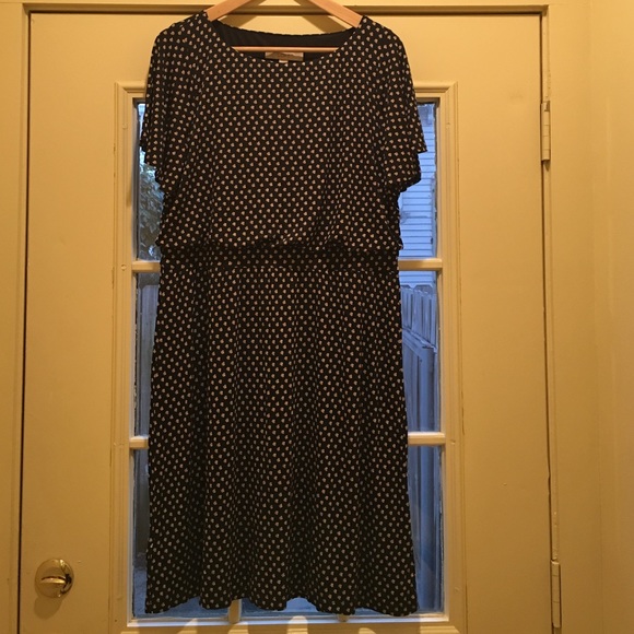 Navy Ann Taylor loft dress with pink pattern.