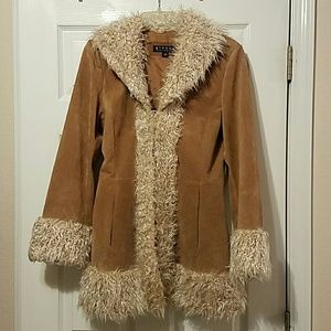 Brown leather coat with faux fur trim