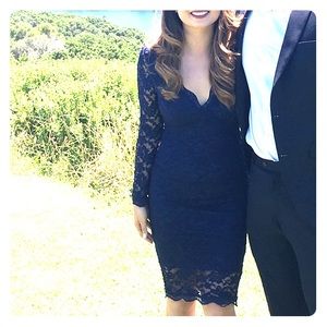 Navy blue long sleeve lace dress.